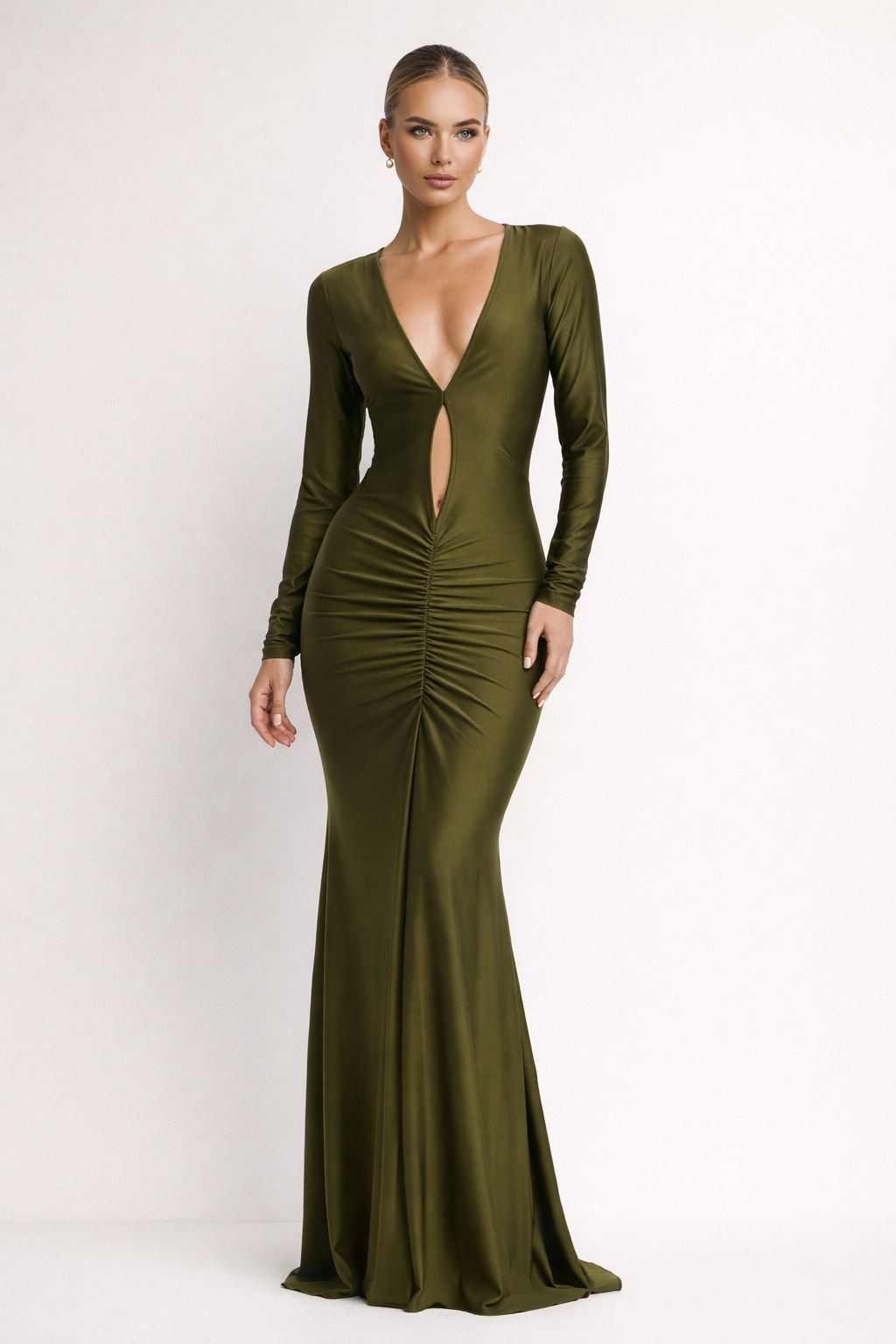 Elara™ Deep Plunge Ruched Maxi Dress