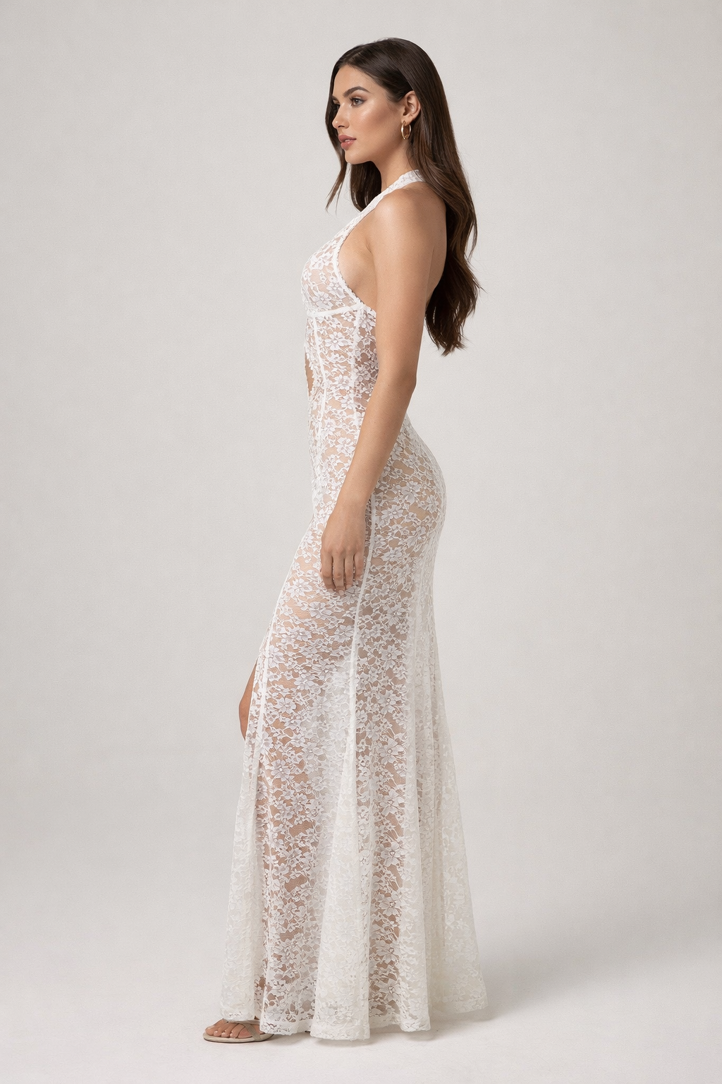 Lumina™ Sheer Lace Halter Maxi Dress