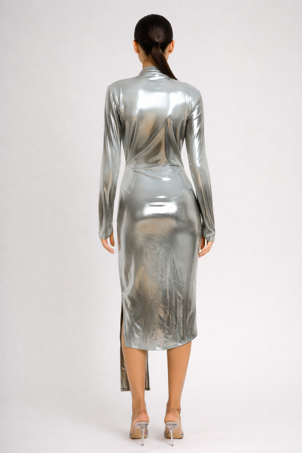 Solara™ Metallic Deep Plunge Midi Dress