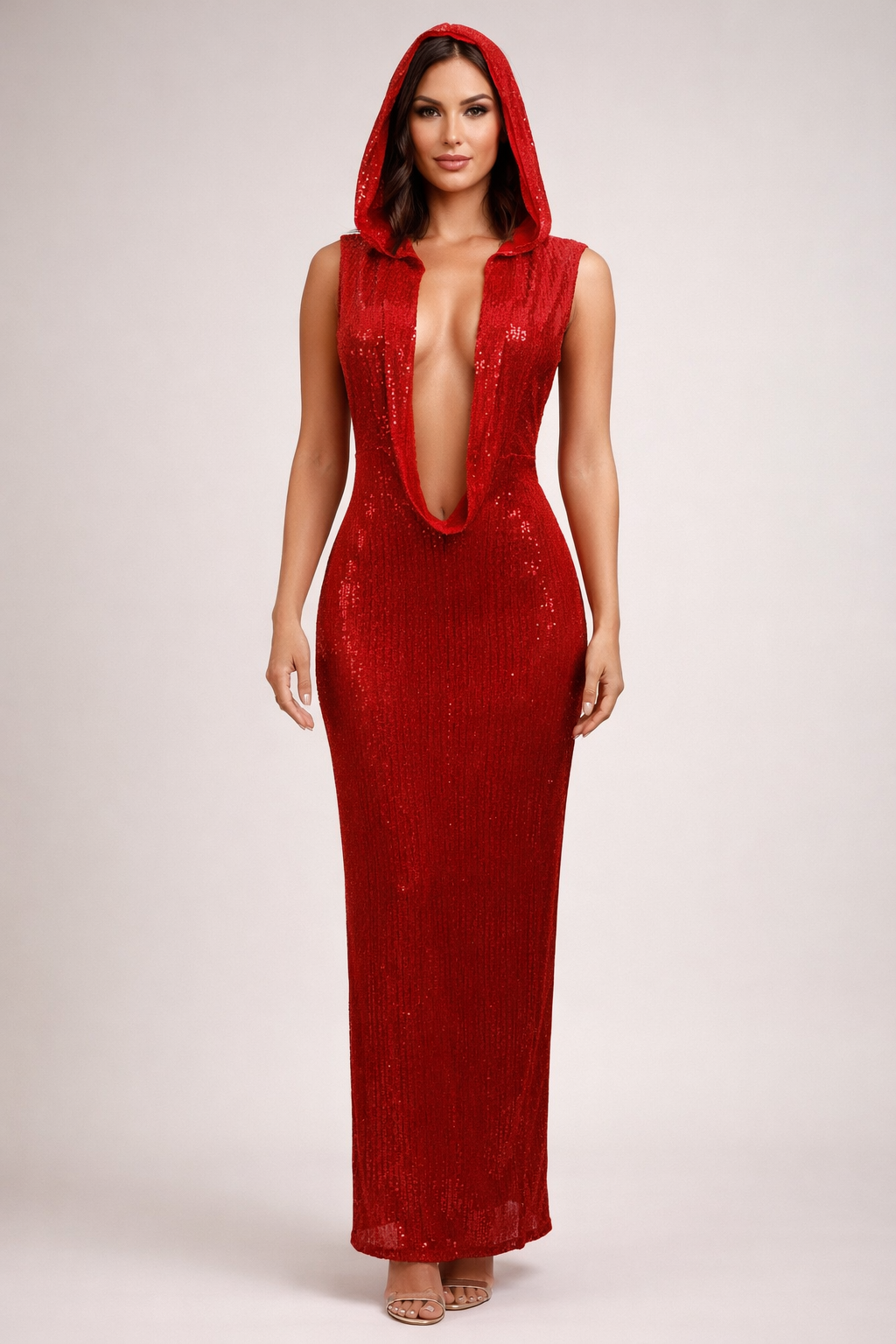 Ravenna™ Crimson Hooded Sequin Maxi Dress