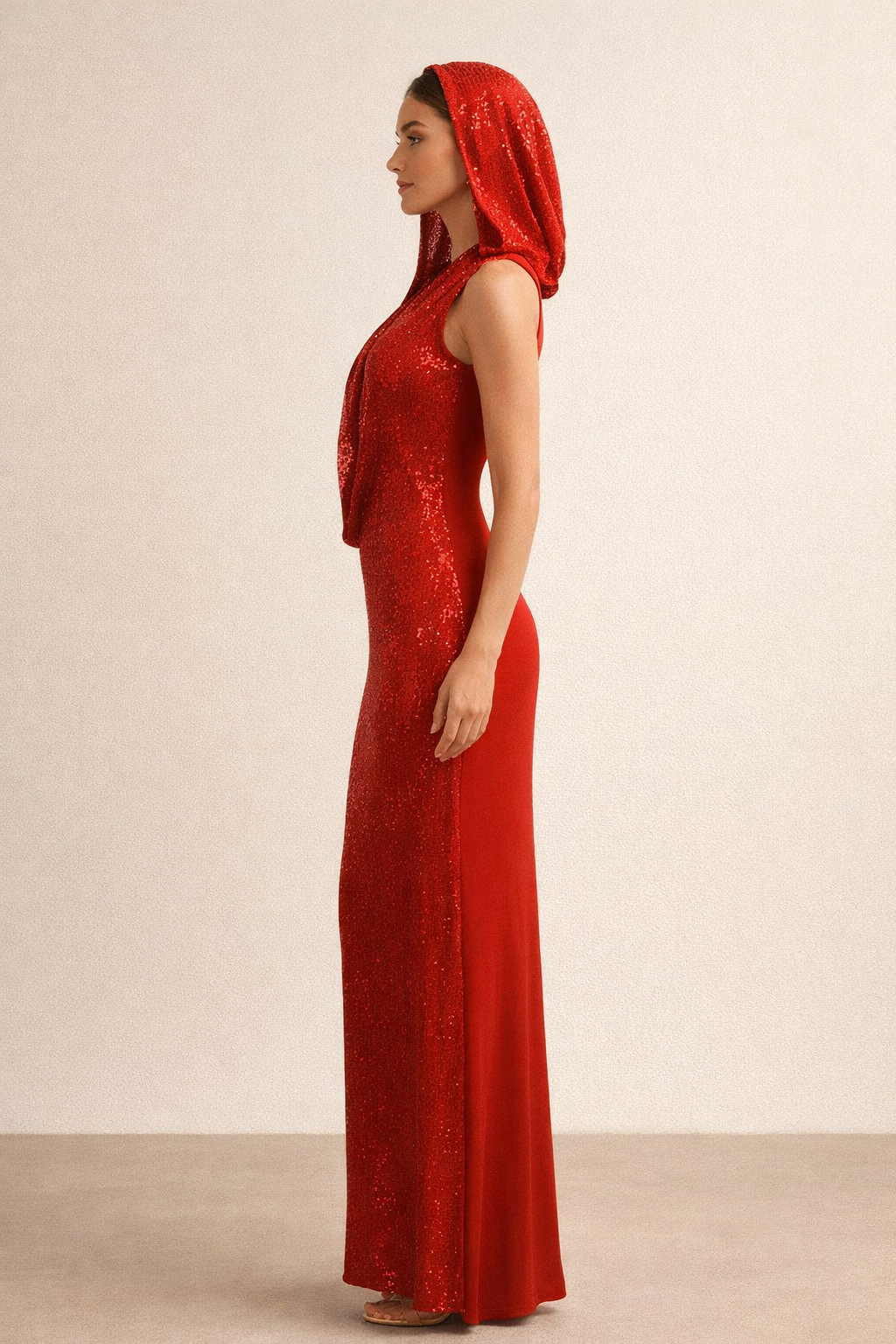 Ravenna™ Crimson Hooded Sequin Maxi Dress