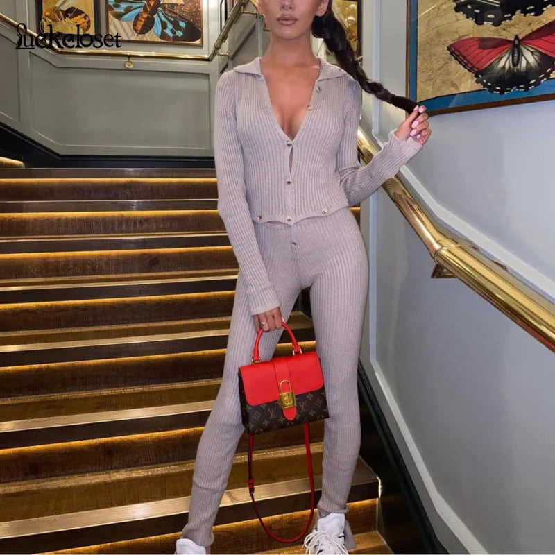 Button Up Cut Out Knitted Jumpsuit