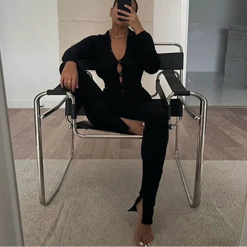 Button Up Cut Out Knitted Jumpsuit