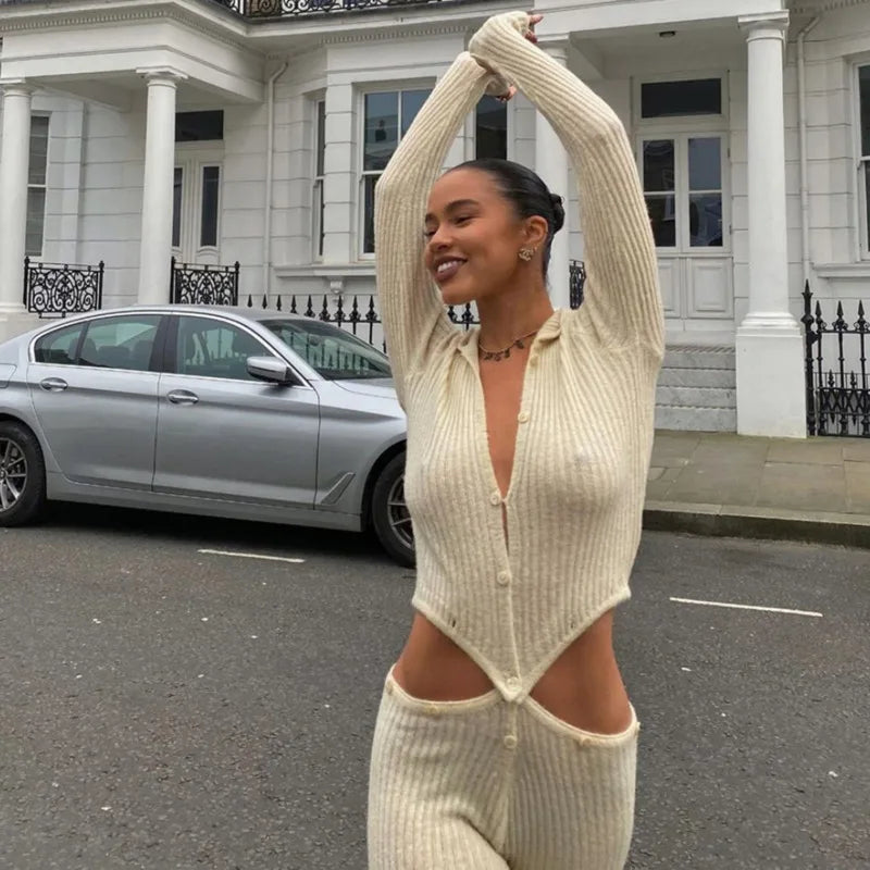 Button Up Cut Out Knitted Jumpsuit