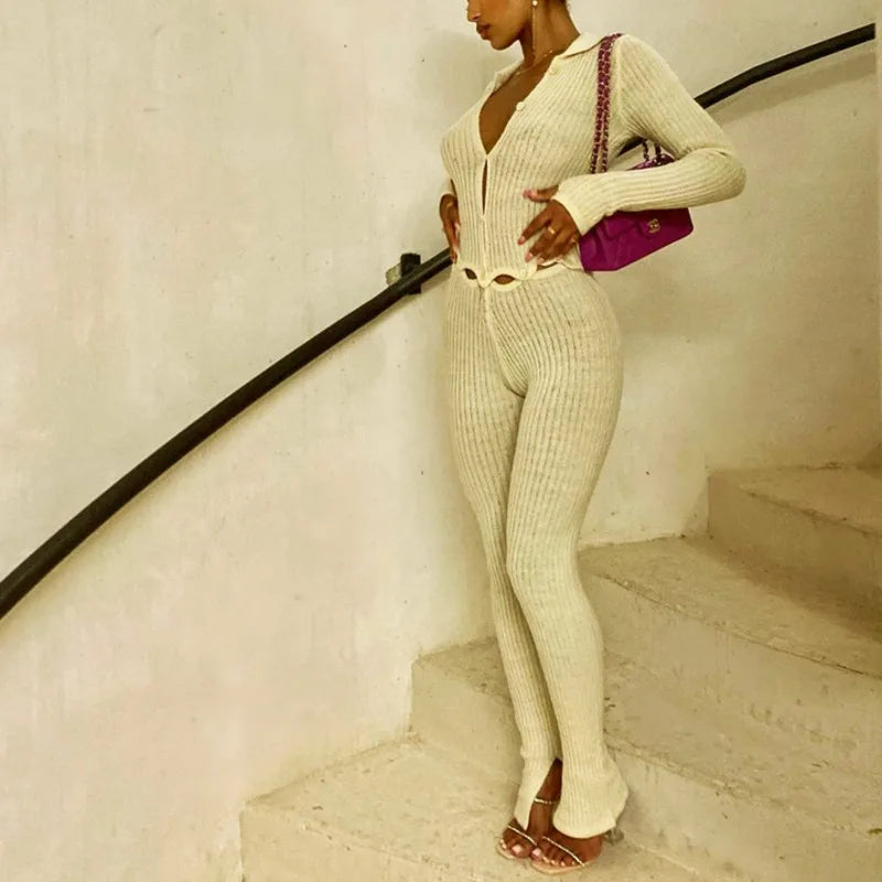 Button Up Cut Out Knitted Jumpsuit