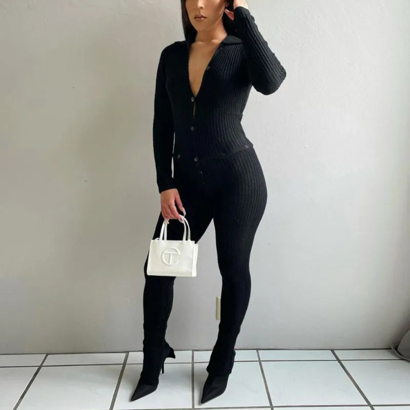 Button Up Cut Out Knitted Jumpsuit