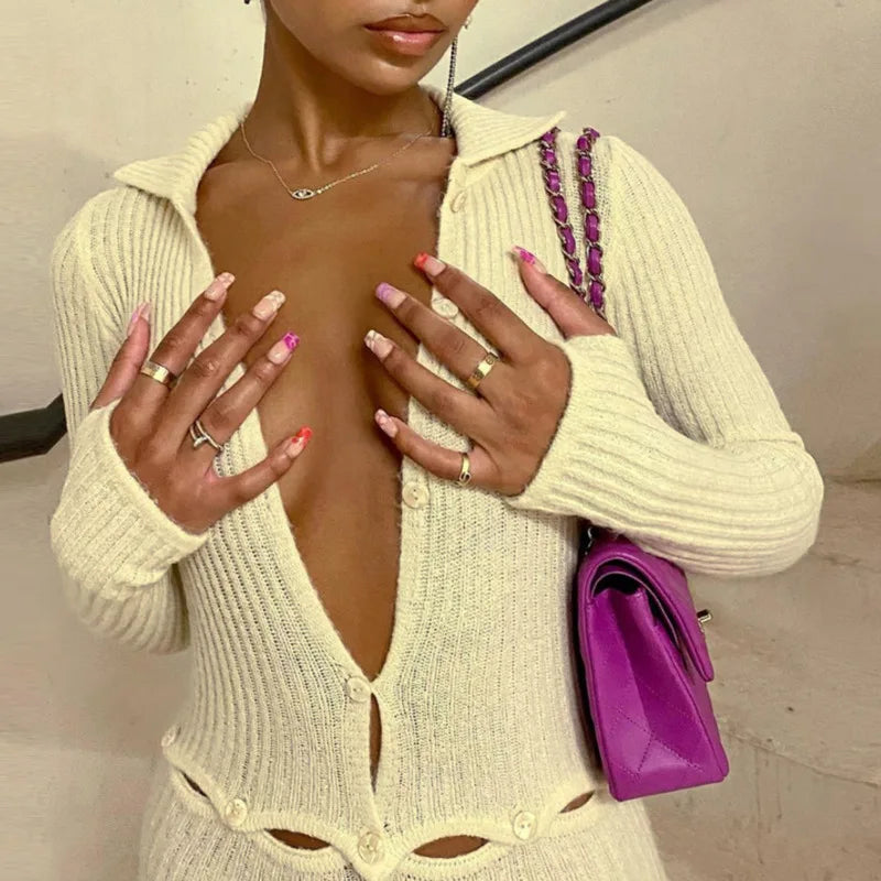 Button Up Cut Out Knitted Jumpsuit