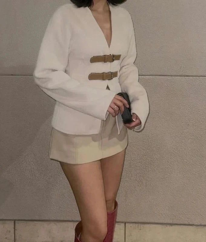 Vintage White Leather Buckle Woolen Jacket