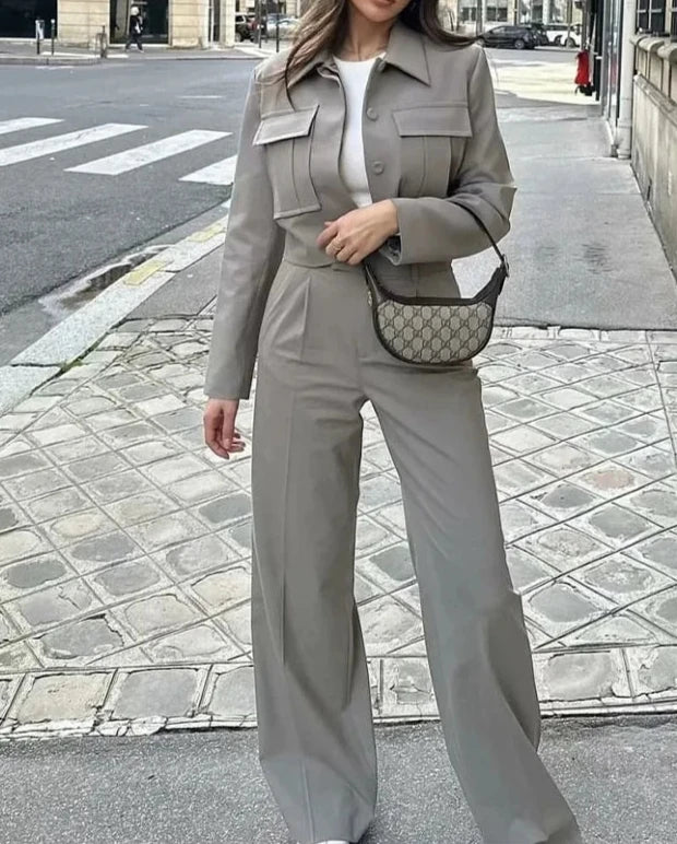 Crop Jackets And Wide Leg Trousers Two Piece Set