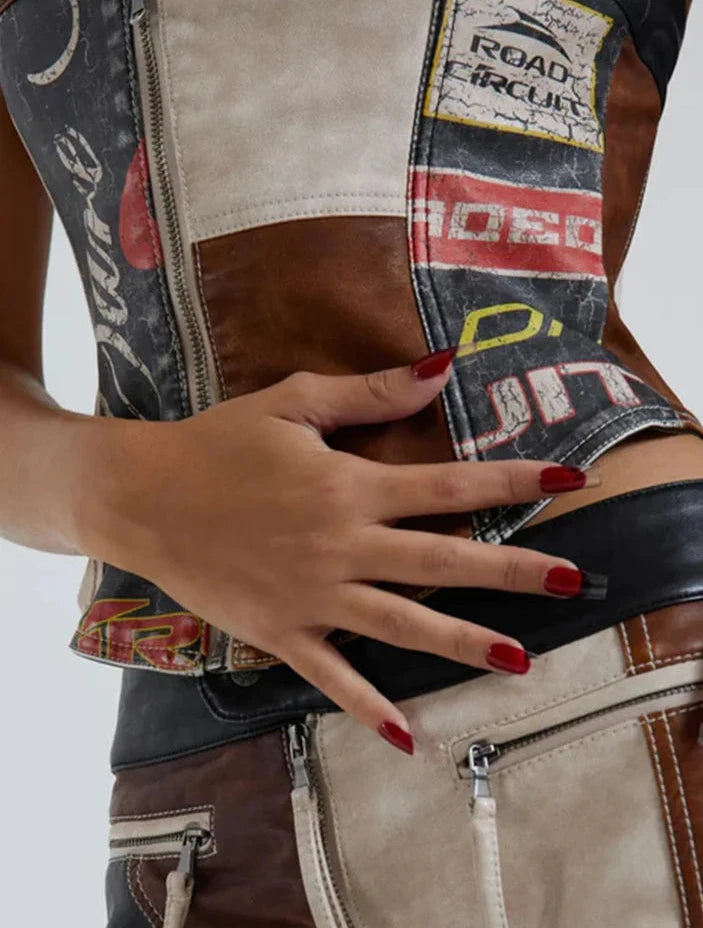 Faux Leather Vintage Patchwork Print Tube Top