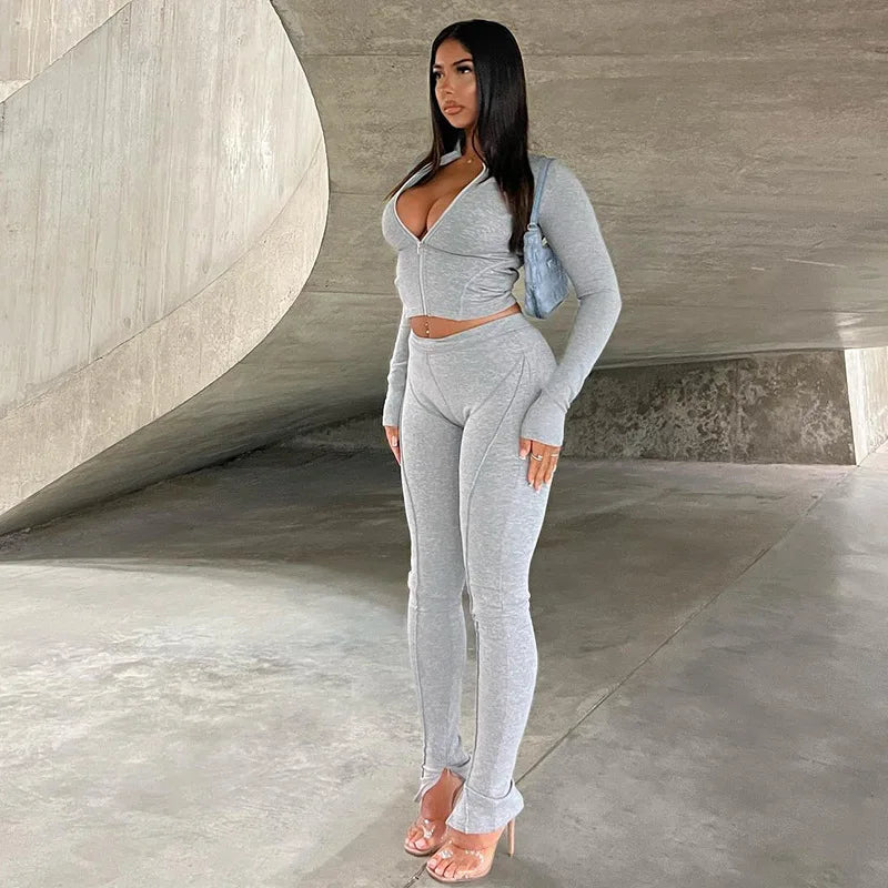 Zipper Coat & Split Leggings Two Piece Set