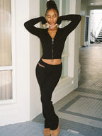 Knitted Hooded Zipper Two Piece Set