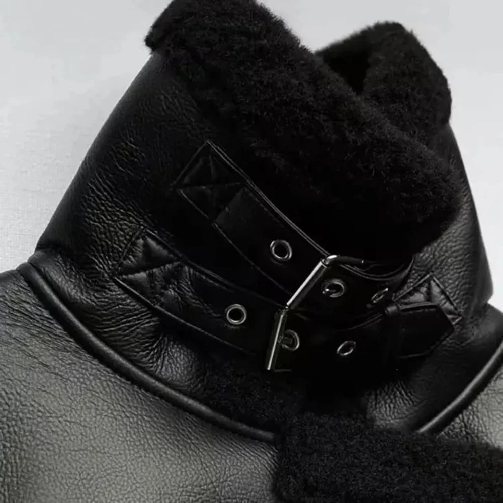 Black Faux Leather Fur Lined Aviator Jacket