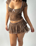Leopard Print Ruffles Two Piece Skirt Set