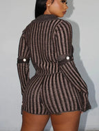 Crochet Button Striped Two Piece Shorts Set