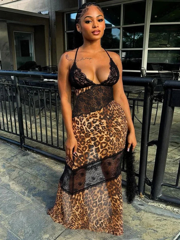 Amarisse™ Leopard Print Mesh Patchwork Maxi Dress