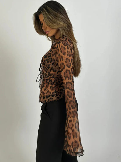 Leopard Printed Sheer Chiffon Flare Sleeve Shirt