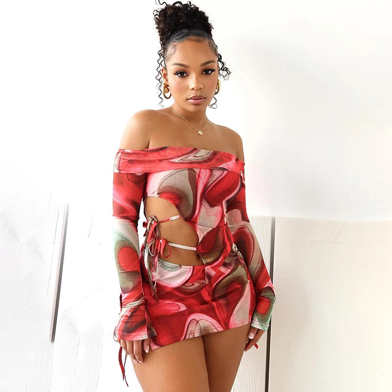 Print Skirt & Long Sleeve Cut Out Top Two Piece Set