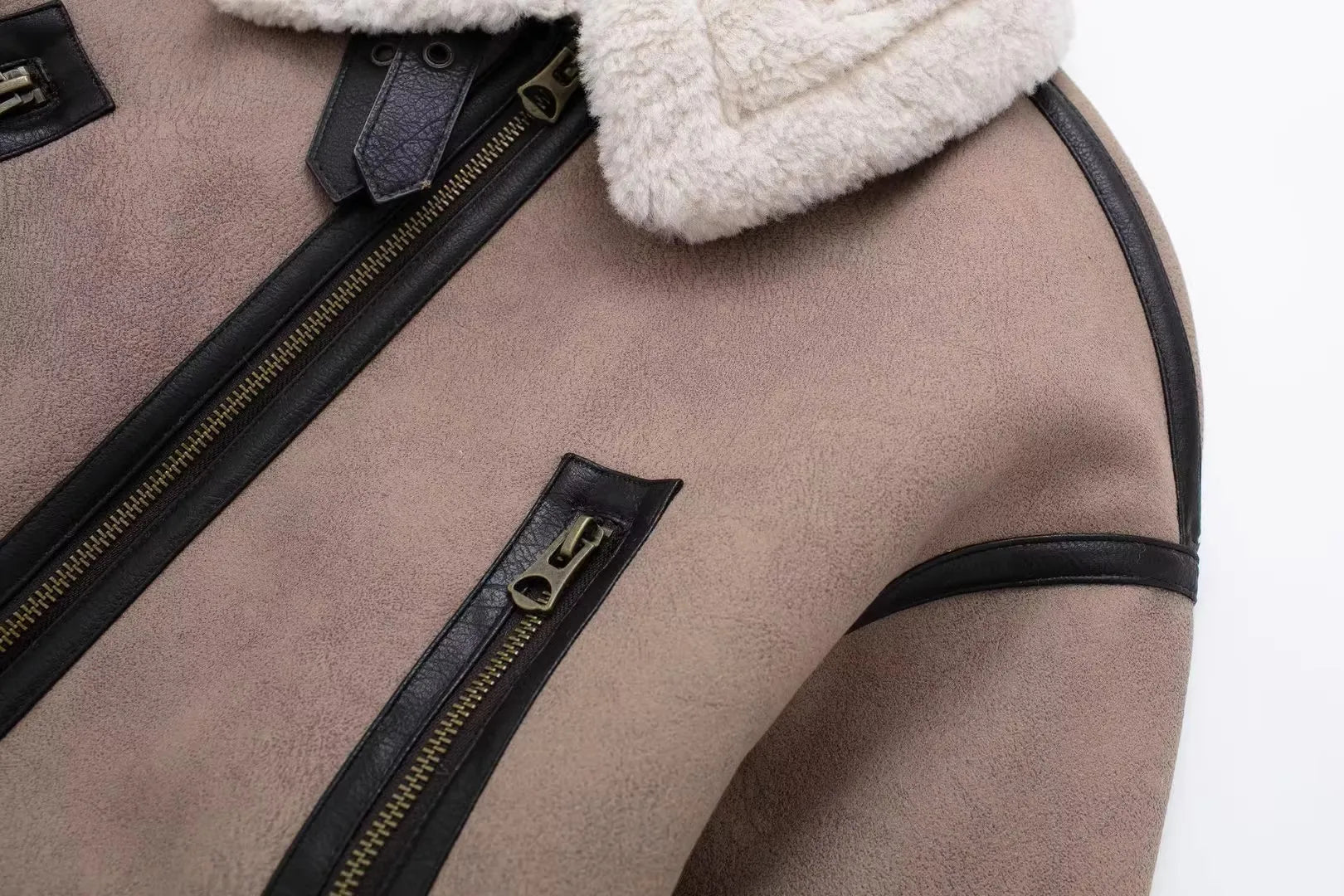 Faux Shearling Buckle Detail Aviator Jacket