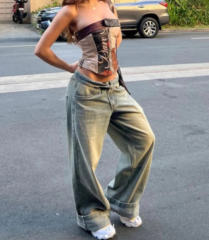 Faux Leather Vintage Patchwork Print Tube Top