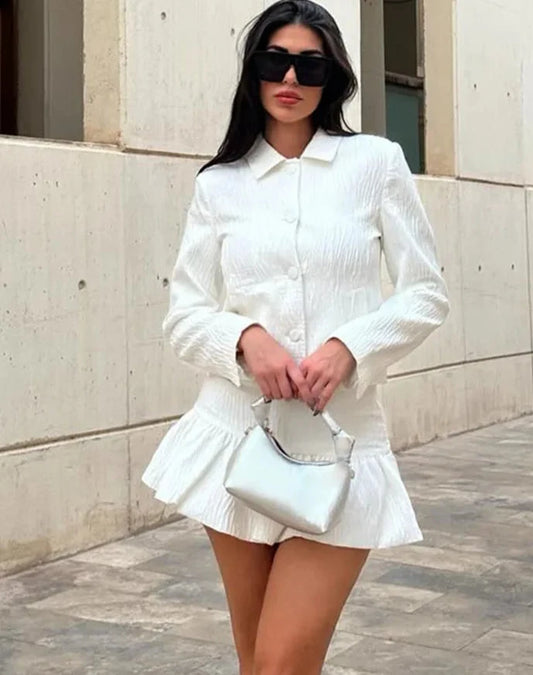 White Collar Top Skirt Two Piece Set