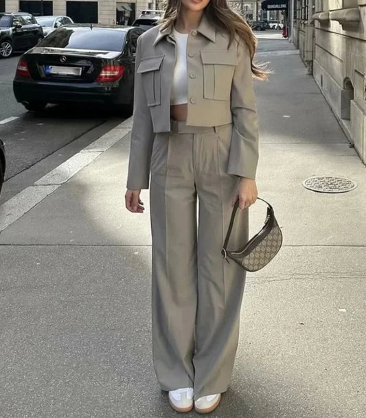 Crop Jackets And Wide Leg Trousers Two Piece Set