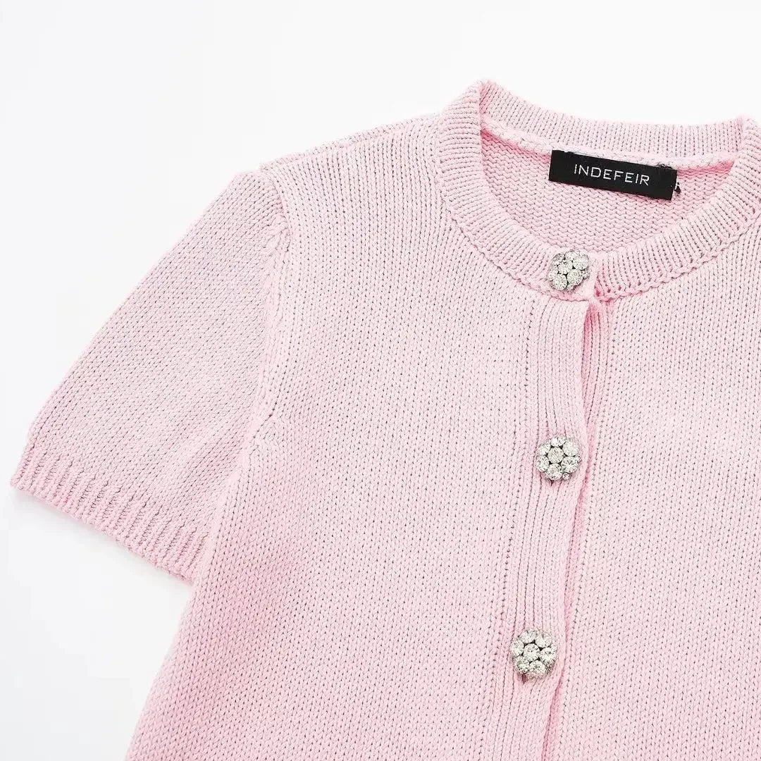 Knitted Diamanté Button Detail Cardigan