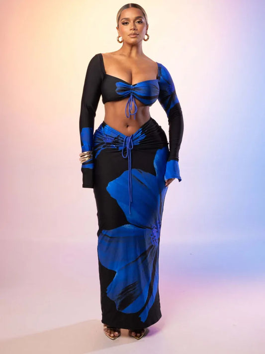 Printed Two-piece Lace Up Top Skirt Two piece Set