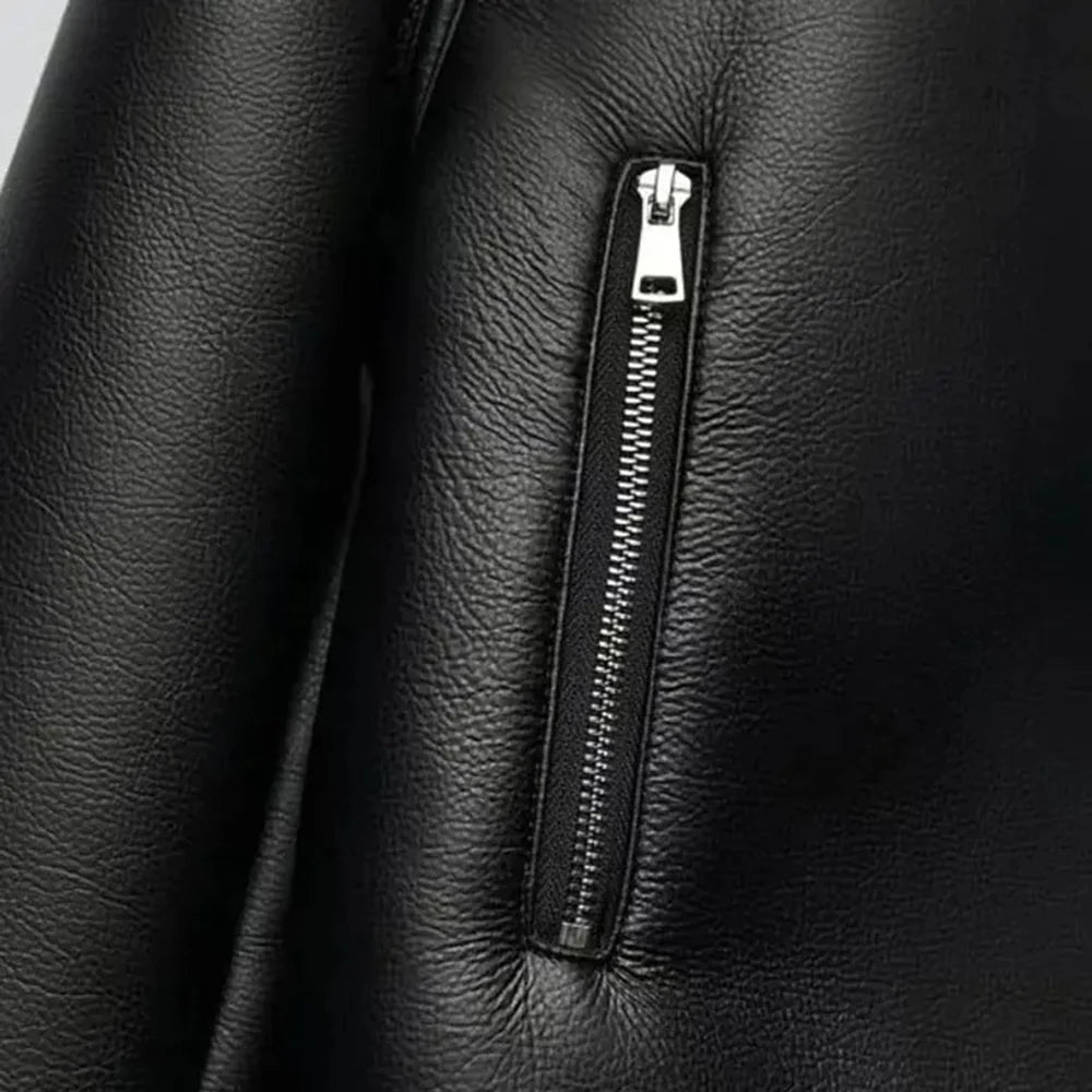 Black Faux Leather Fur Lined Aviator Jacket