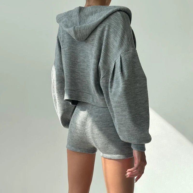 Marl Gray Three Piece Bralette Shorts And Cardigan Set