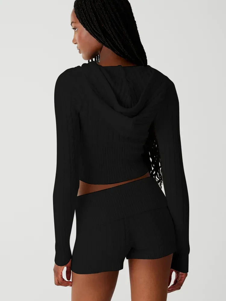 Knitted Hooded Cardigan Shorts Two Piece Set