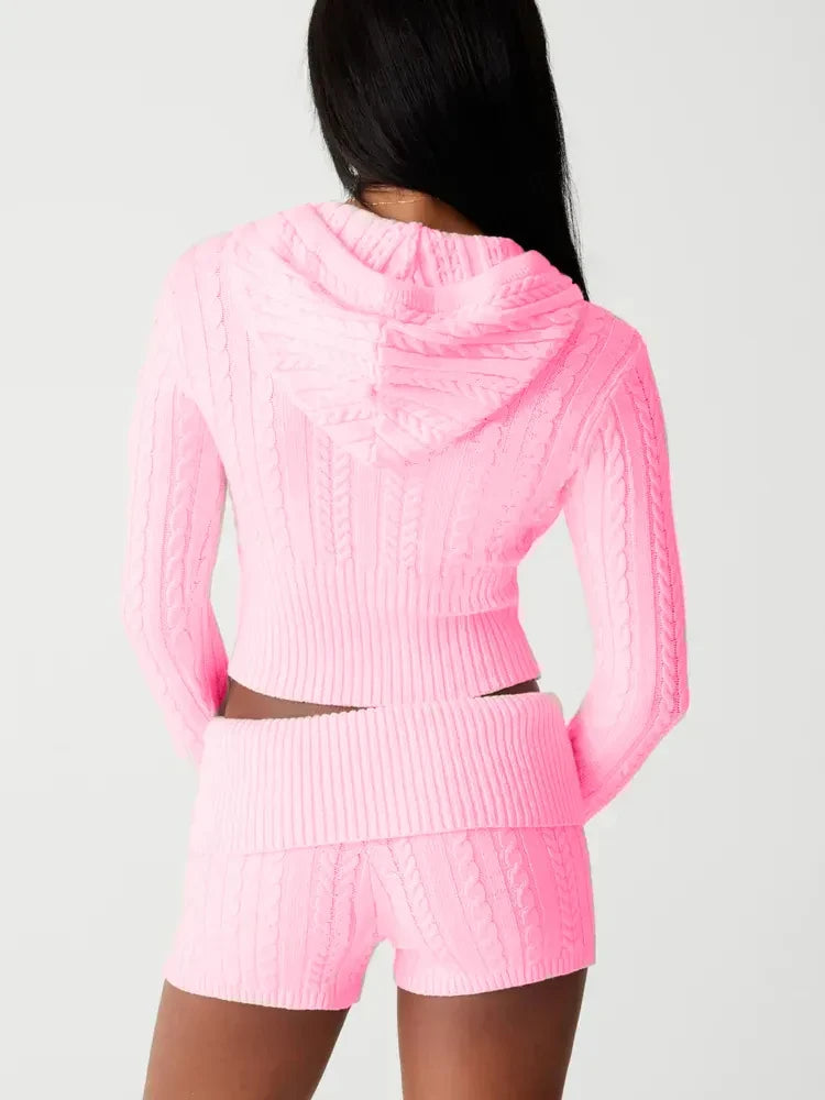 Knitted Hooded Cardigan Shorts Two Piece Set