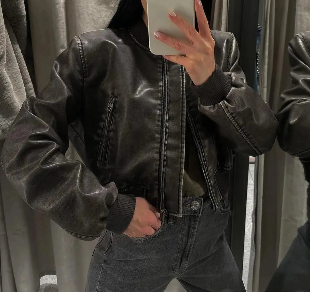 Washed Faux Leather Cropped Jacket