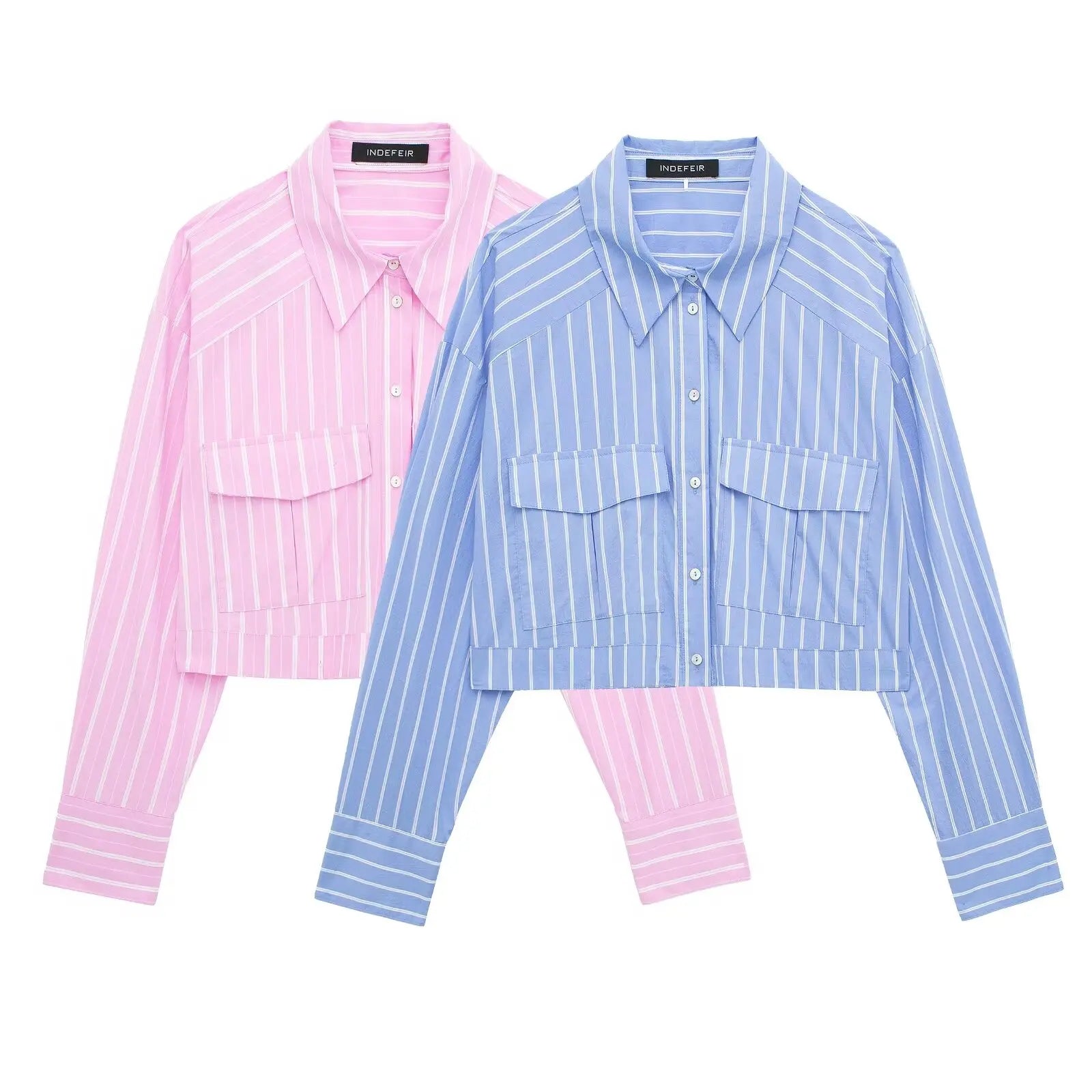 Casual Loose Striped Turn Down Blouse Cropped Shirt