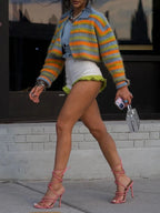 Striped Knit Cropped Cardigan Zipped Sweater