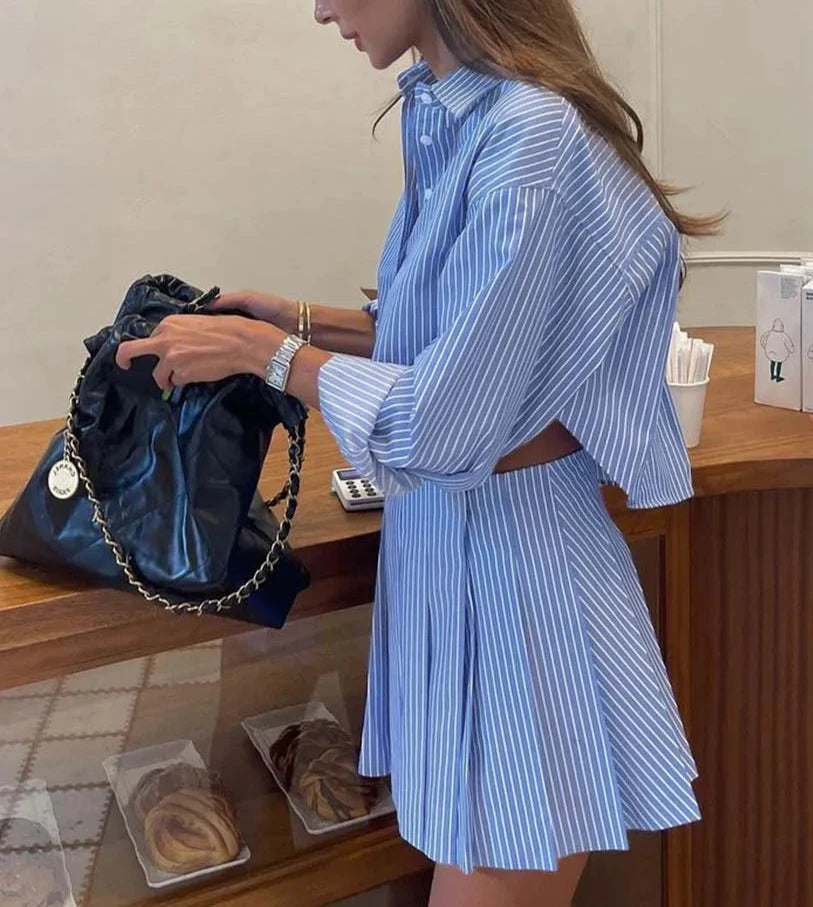 Elegant Blue Striped Two Print Skirt Set