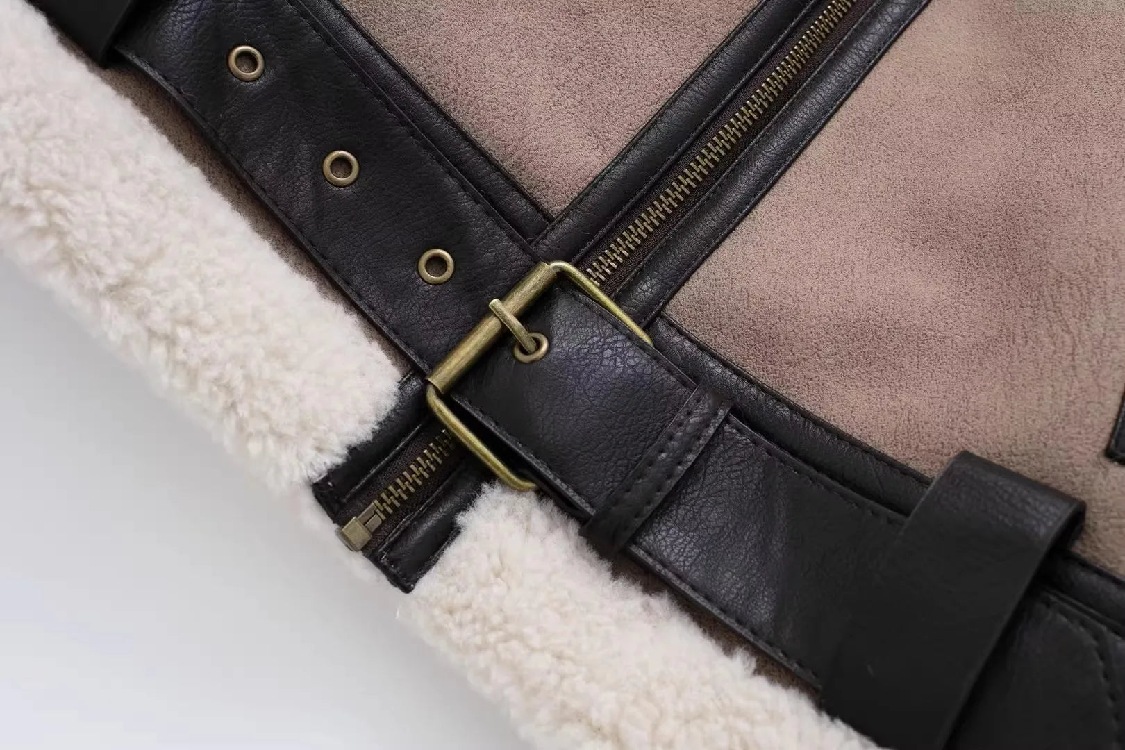 Faux Shearling Buckle Detail Aviator Jacket