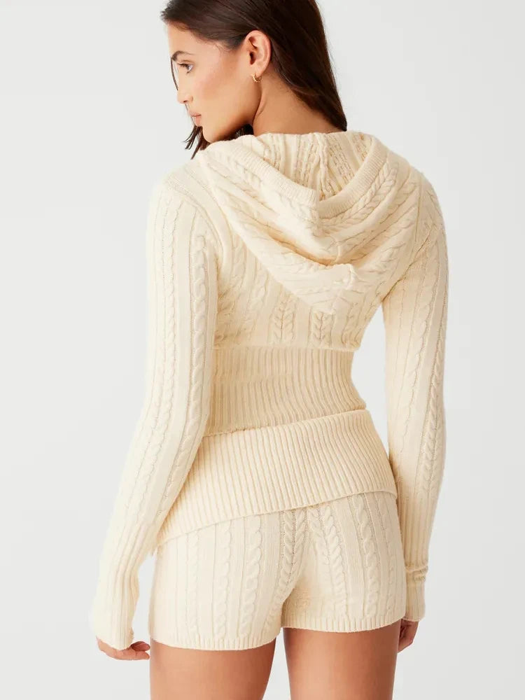 Knitted Hooded Cardigan Shorts Two Piece Set