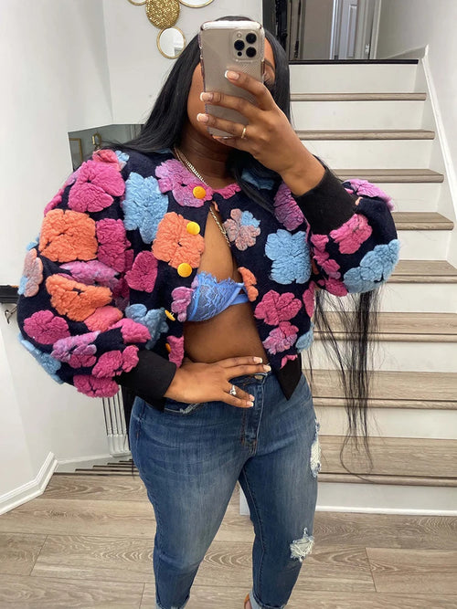 3D Flower Cotton Rib Knit Sweater Cardigan