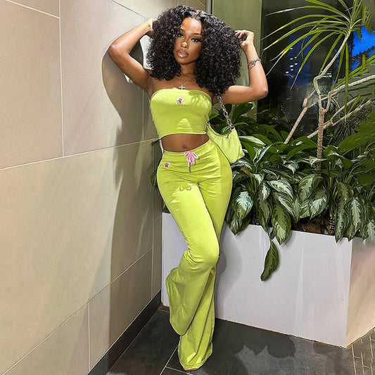 Embroidered Flower Tube Top & Trousers Two-Piece