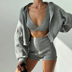 Marl Gray Three Piece Bralette Shorts And Cardigan Set