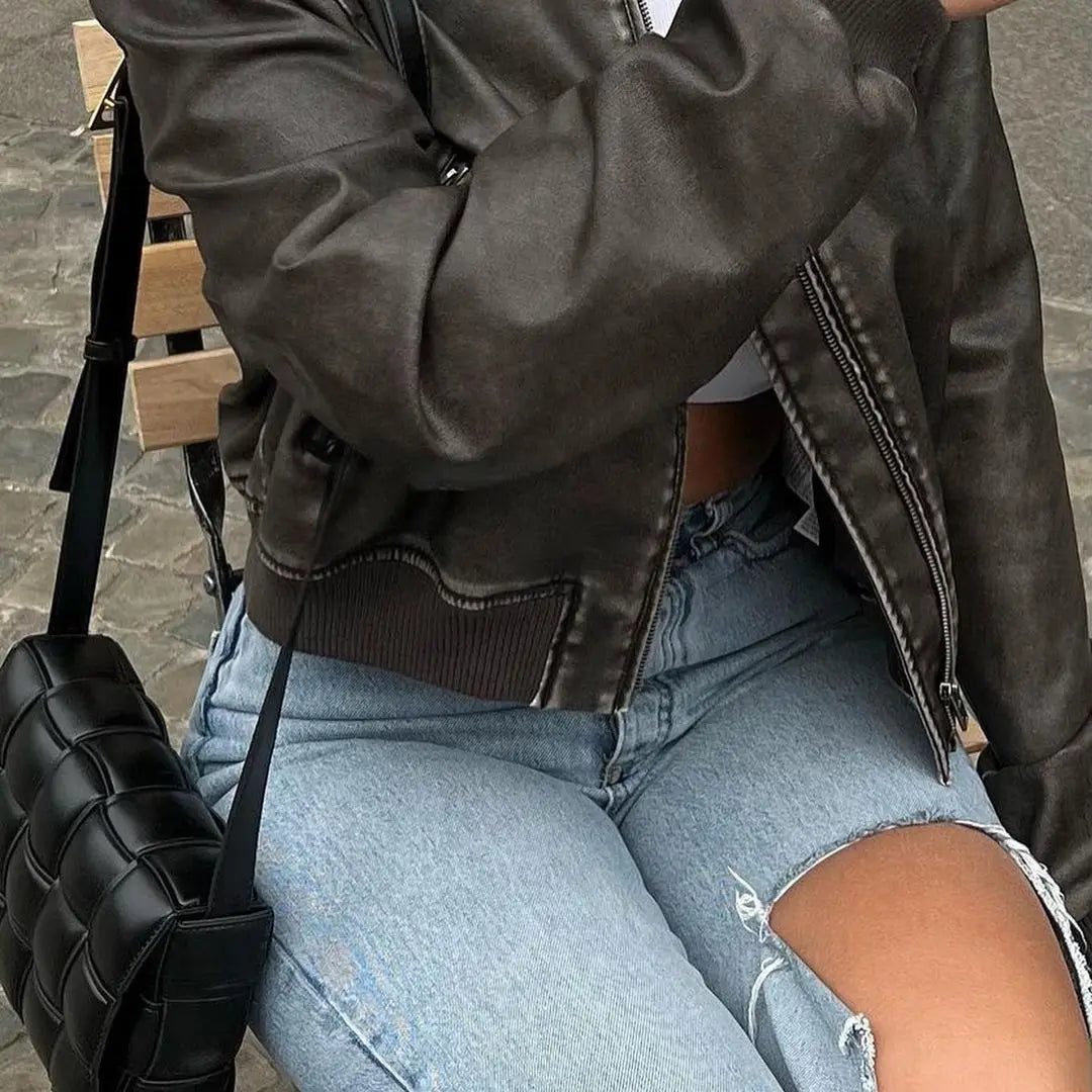 Washed Faux Leather Cropped Jacket