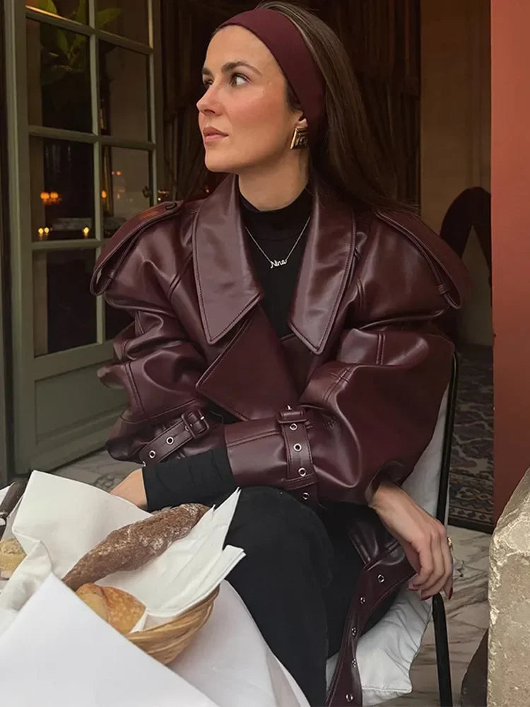 Long Sleeved Cropped Burgundy Leather Jacket