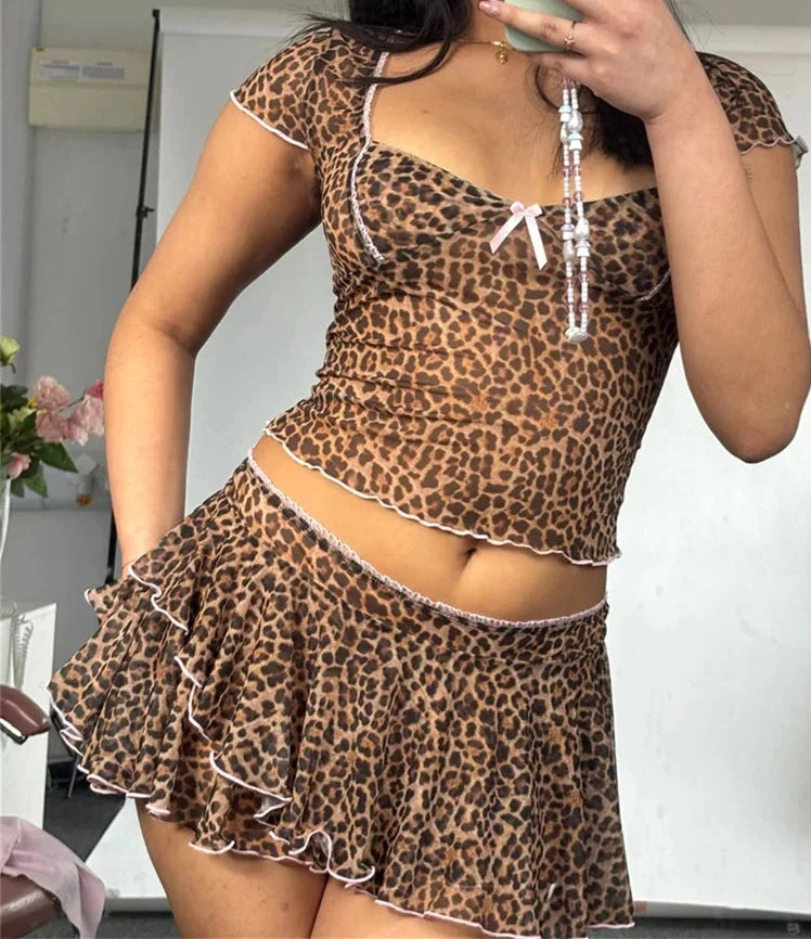 Leopard Print Ruffles Two Piece Skirt Set
