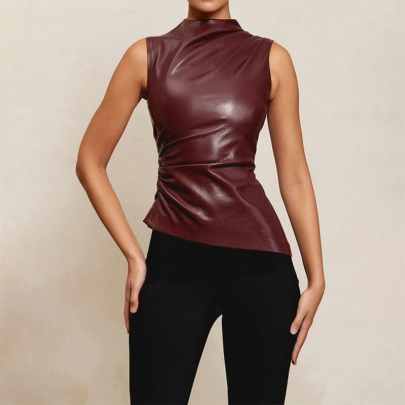 Vintage PU Asymmetric Ruched Asymmetric Top