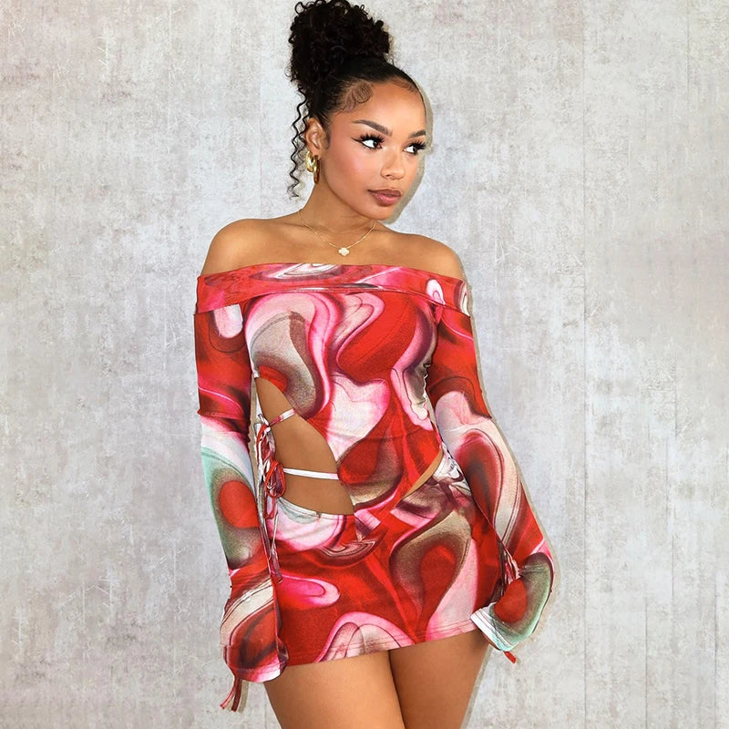 Print Skirt & Long Sleeve Cut Out Top Two Piece Set