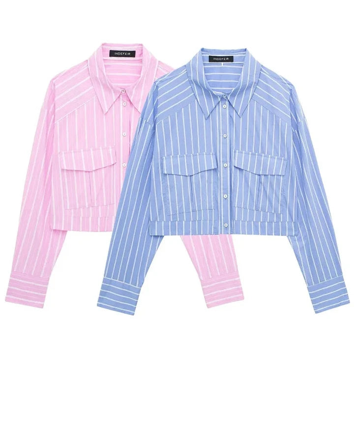 Casual Loose Striped Turn Down Blouse Cropped Shirt