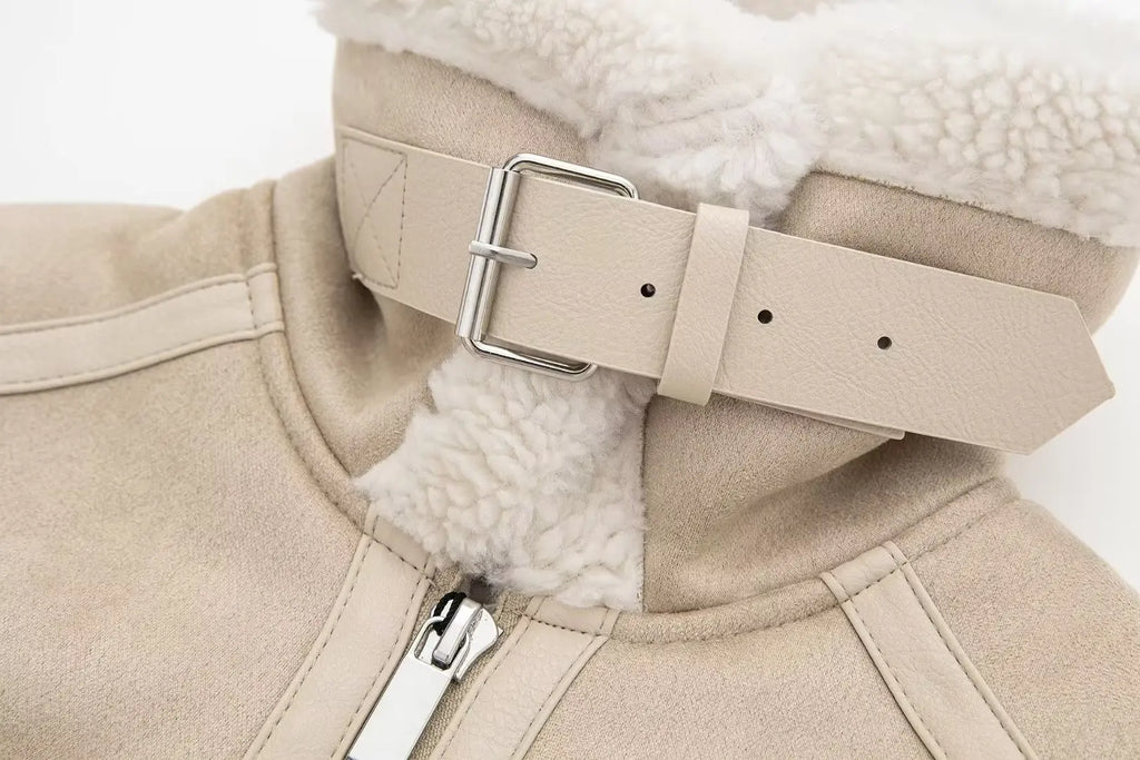 Beige Faux Shearling Aviator Jacket