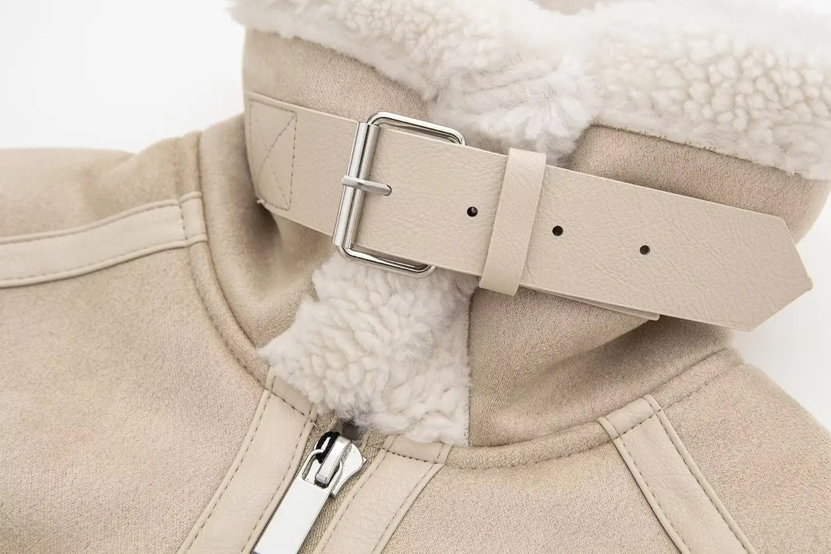 Beige Faux Shearling Aviator Jacket