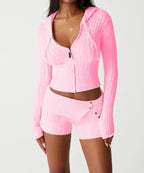 Knitted Hooded Cardigan Shorts Two Piece Set